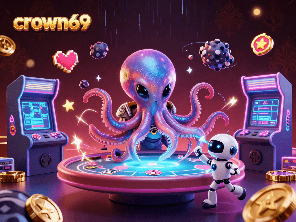 Experience the thrilling poker action at crown69 with an alien octopus and vibrant game elements.