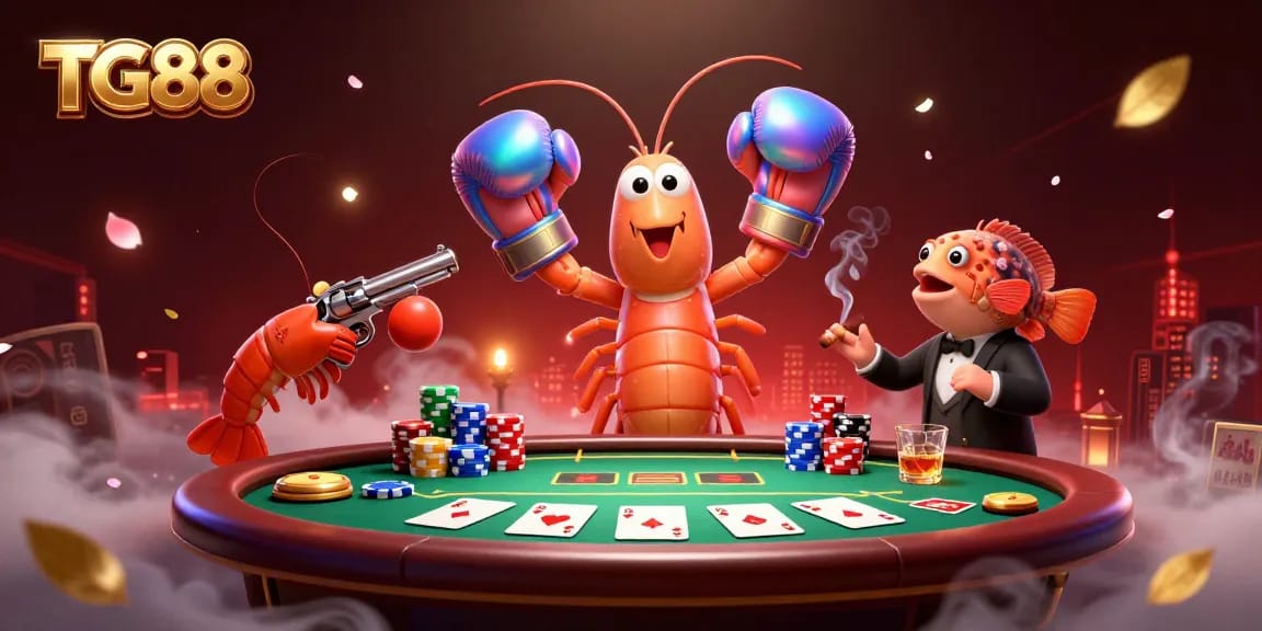 Experience TG88's vibrant poker scene with dynamic characters and casino elements in a colorful 3D illustration.