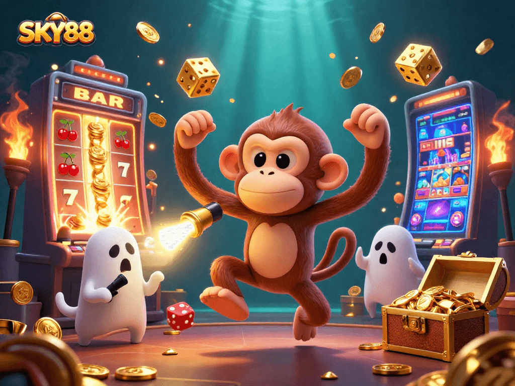 SKY88 showcases a lively 3D casino scene with playful characters and jackpot excitement.