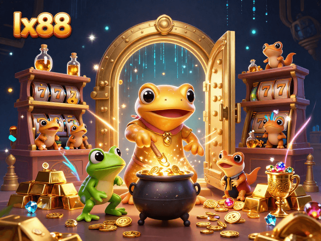 lx88 introduces vibrant, thrilling casino adventures with golden alchemists and exciting slot reels in a magical setting.