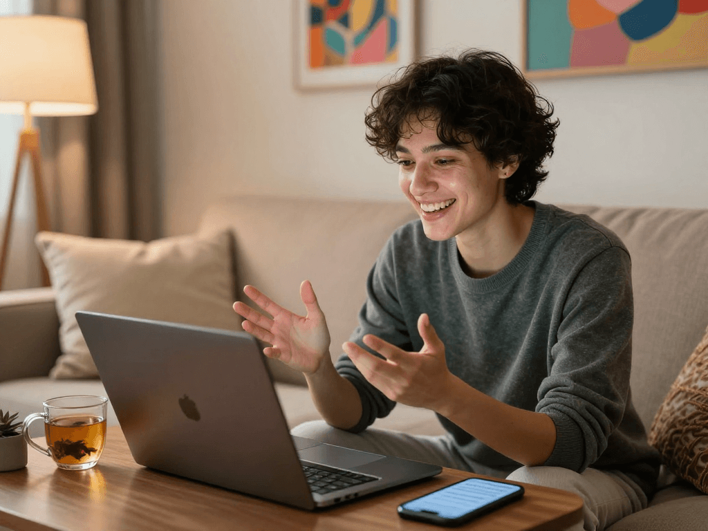 Engaging ai sex chat in a cozy digital setting with warm lighting and personal touches.
