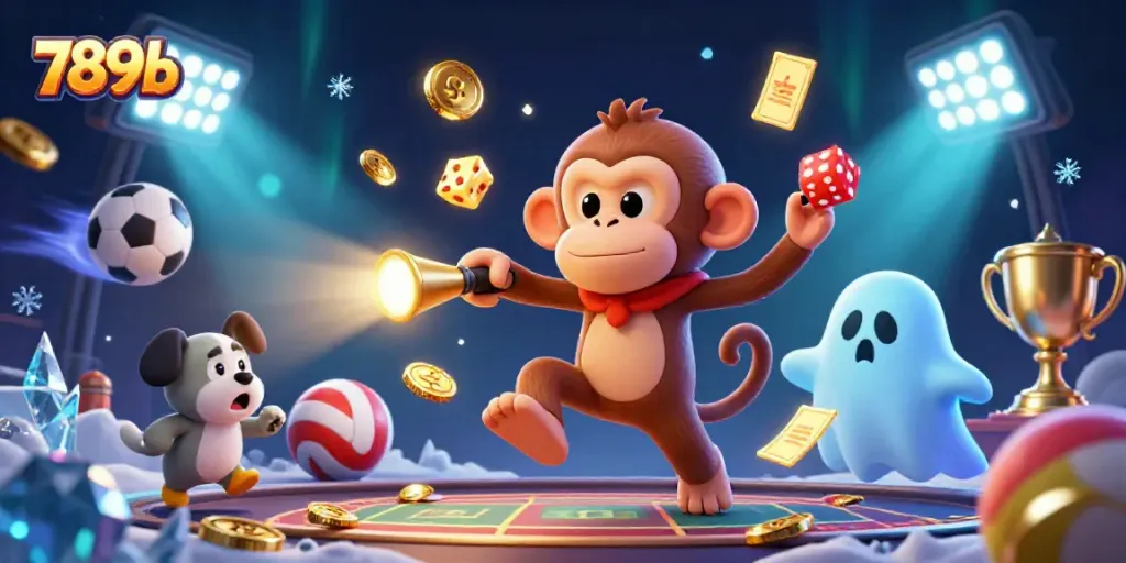 Engage with the dynamic gaming scene of 789b showcasing mischievous characters and vibrant casino elements.