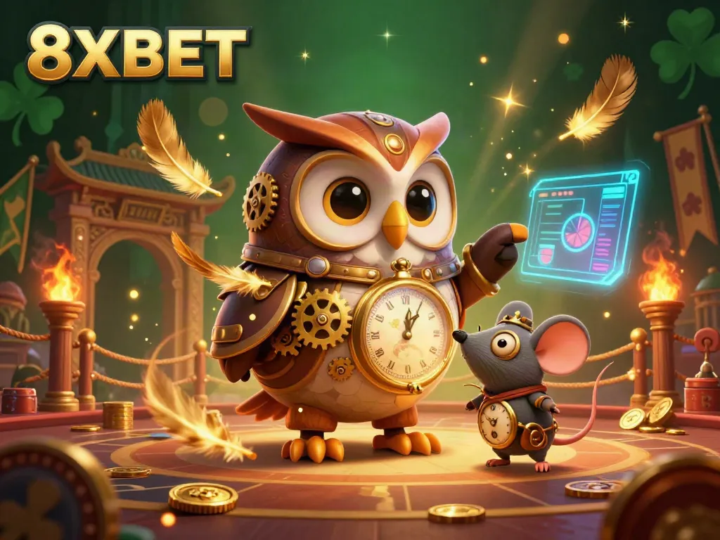 Experience the thrilling 8XBET casino adventure with an owl and mouse in a vibrant steampunk scene.