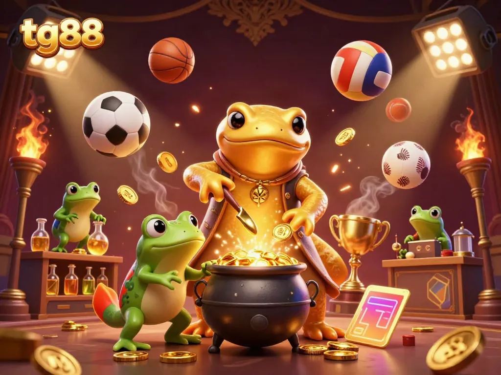 The tg88 platform features a golden salamander alchemist, sports elements, and dynamic gaming action in a vibrant 3D illustration.
