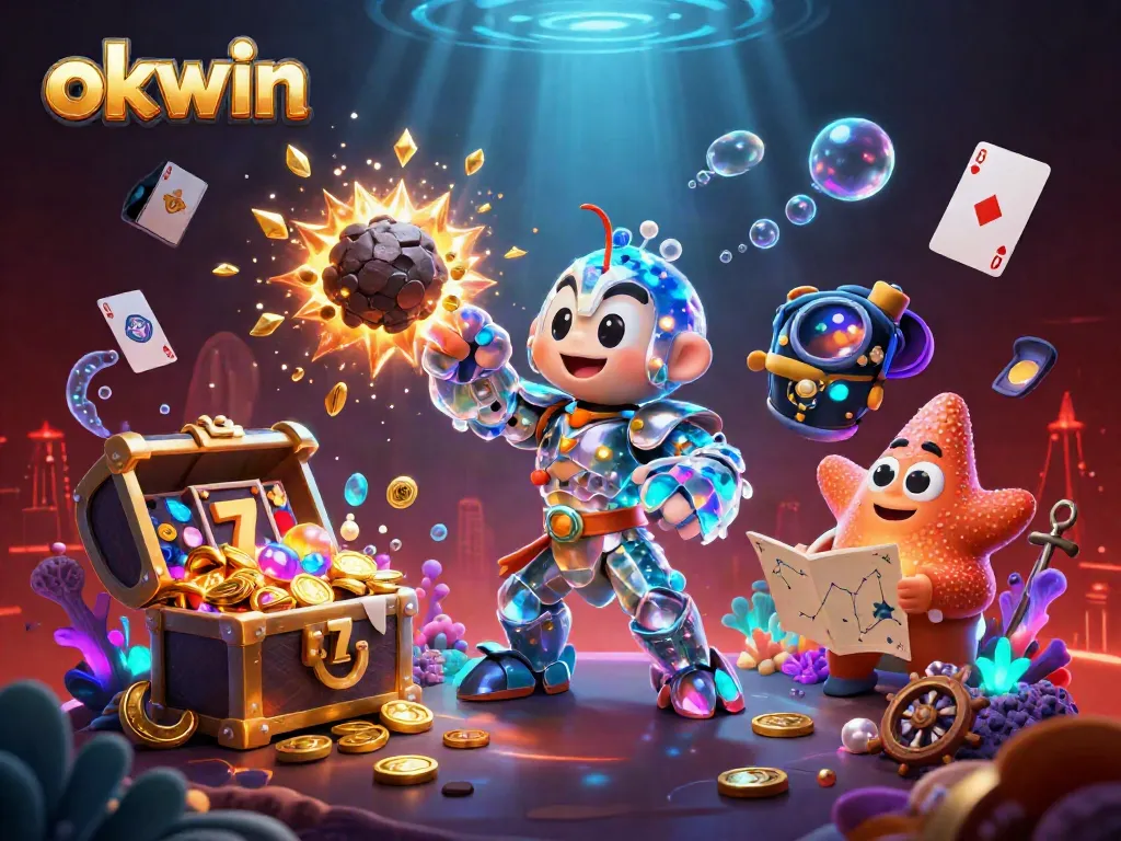 Experience excitement with okwin as a galactic samurai and starfish navigate jackpot treasures in this vibrant casino illustration.