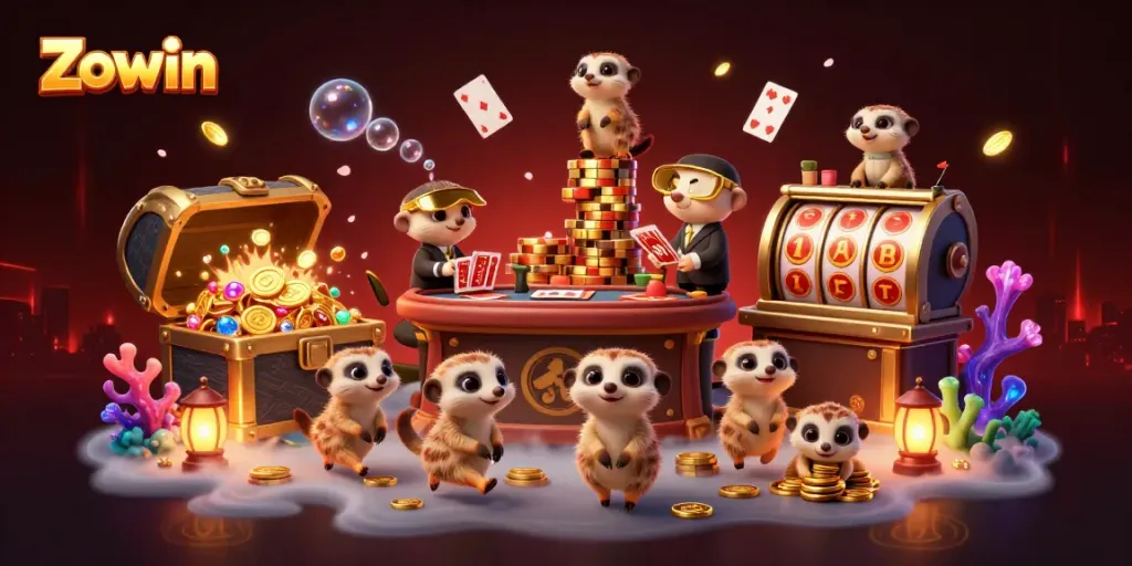 Zowin meerkats engaging in casino operations, showcasing dynamic gaming elements and vibrant atmosphere
