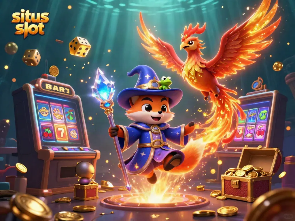 Engage in the situs slot experience with a vibrant 3D illustration featuring a wizard fox and dynamic slot elements.