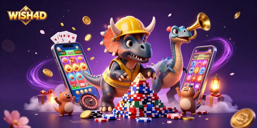 Celebrate with WISH4D's exciting slot games, featuring 3D animated characters and vibrant gaming elements.