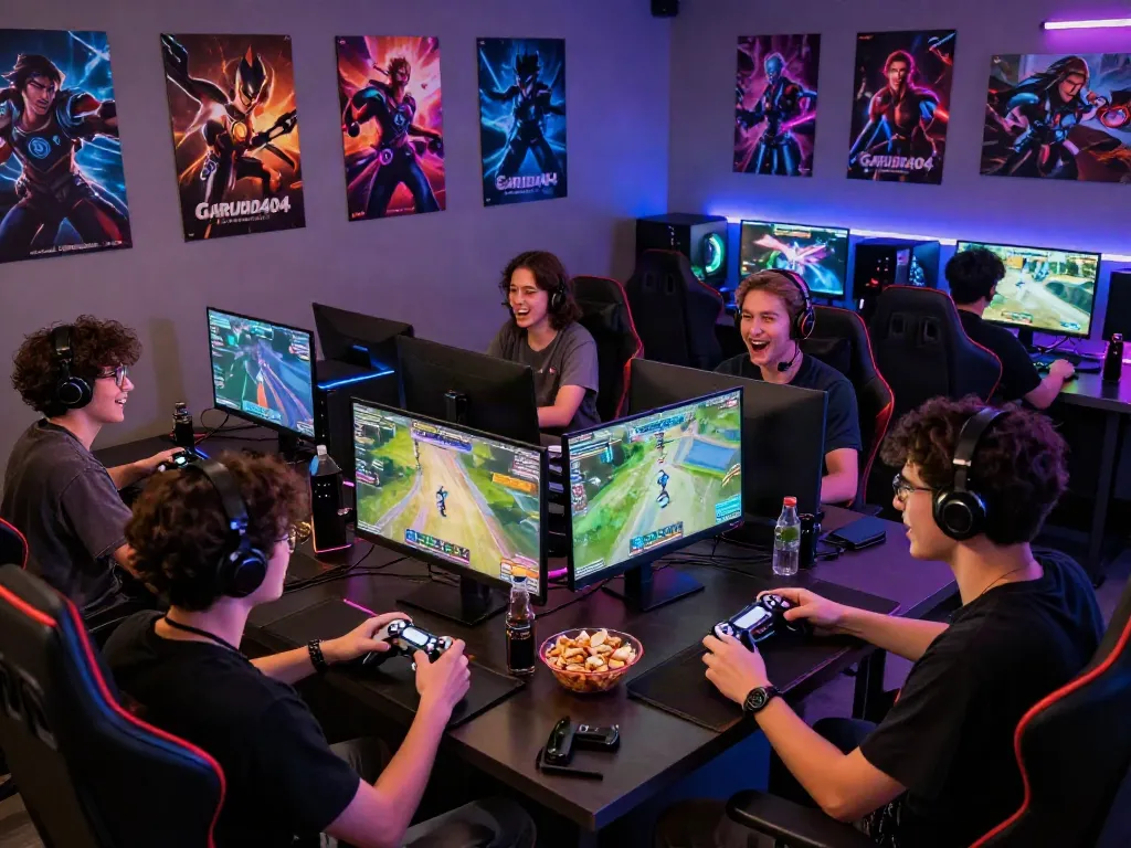 Friends enjoying Garuda404 in a vibrant gaming space, showcasing excitement and camaraderie.