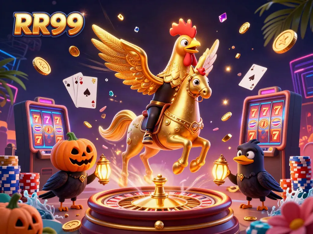 Play thrilling games at RR99, featuring a golden rooster riding through a vibrant midnight casino.