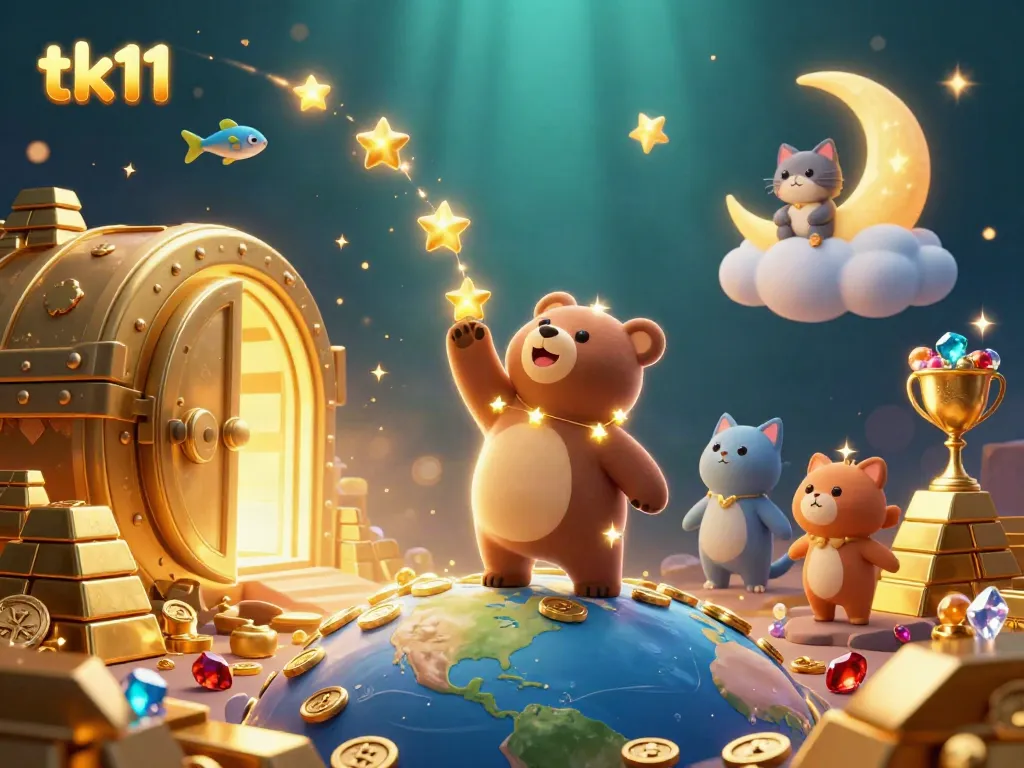 Experience tk11's thrilling wealth by joining a cosmic adventure to riches with a cartoon bear.