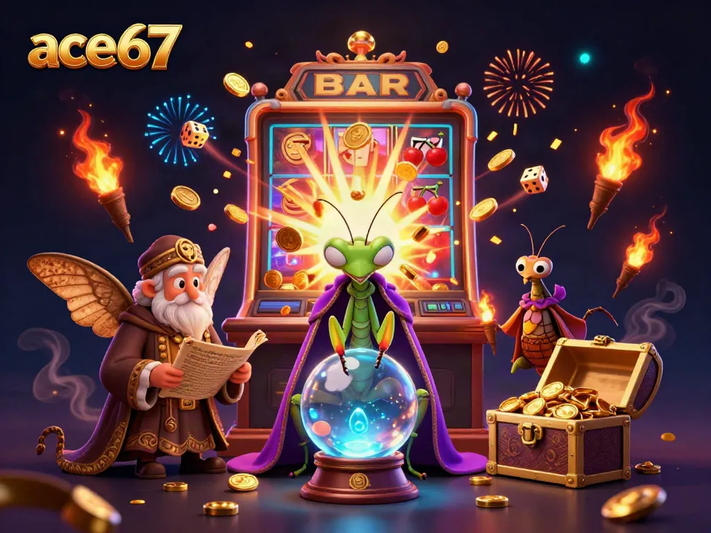 Experience the excitement of ace67 with a vibrant 3D scene featuring a fortune teller and librarian surrounded by casino elements.