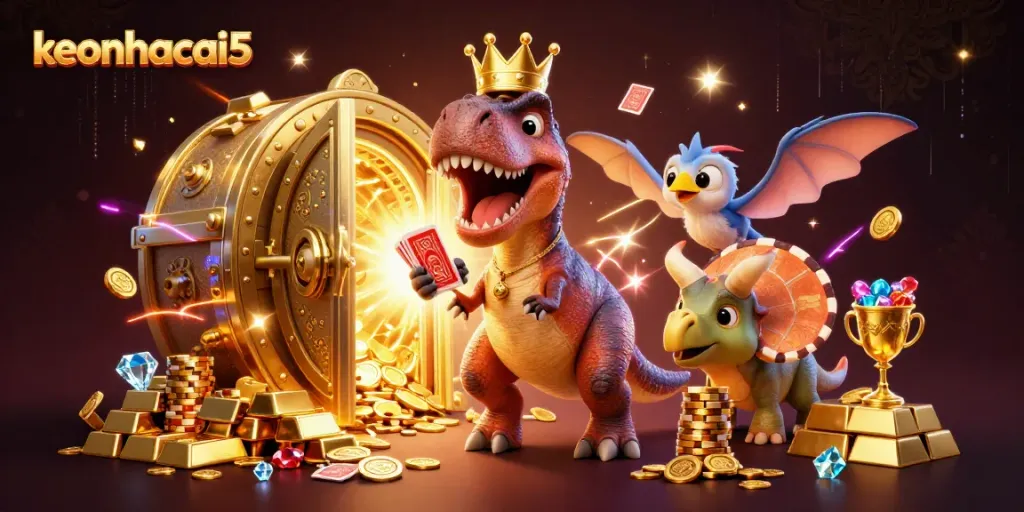 Engaging keonhacai5 scene with a cartoon T-Rex card shuffling while friends assist in a vibrant casino setting.