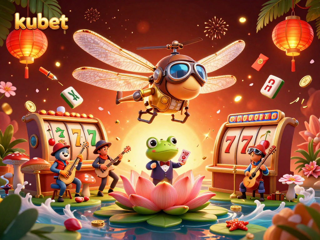 Kubet players enjoying a vibrant casino experience with dragonfly pilot, frog croupier, and jazz musicians.
