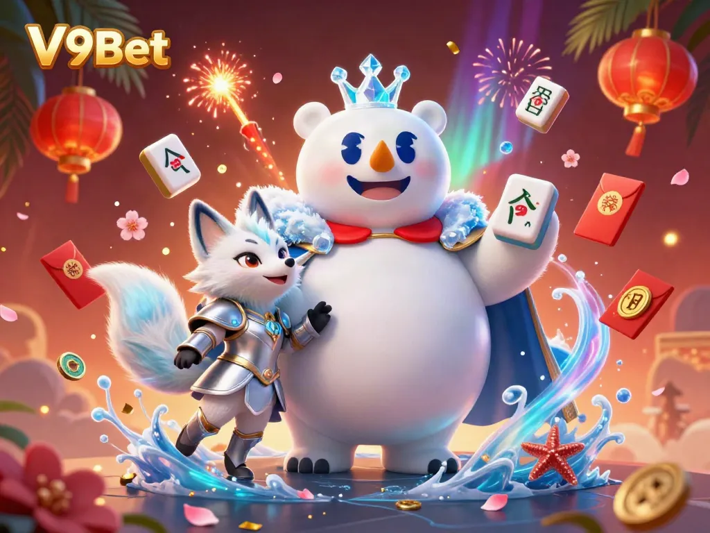 Experience vibrant gameplay with V9Bet in this dynamic 3D casino illustration featuring magical characters and game elements.