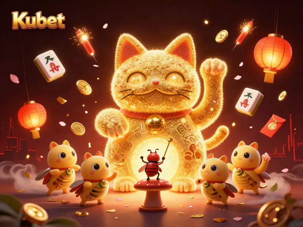 Kubet players engaging with a vibrant 3D lucky cat and casino elements in an energetic digital illustration.