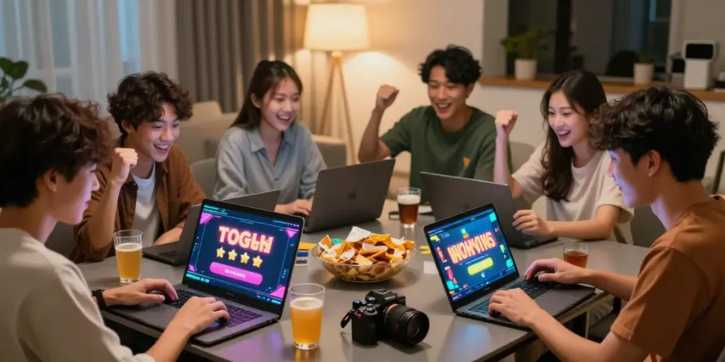 Online gaming experience with friends celebrating wins at davo88 platform.