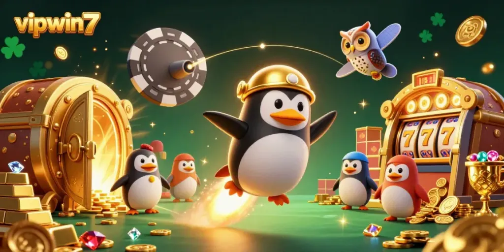 Engage in excitement with vipwin7 as a golden penguin zooms towards a casino, surrounded by treasures.