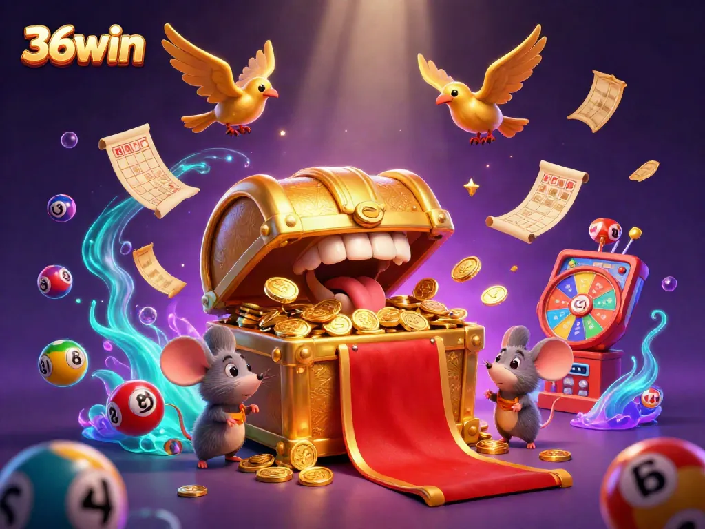 Engage in thrilling gaming with 36win's dynamic 3D illustration showcasing enticing prizes and vibrant casino elements.