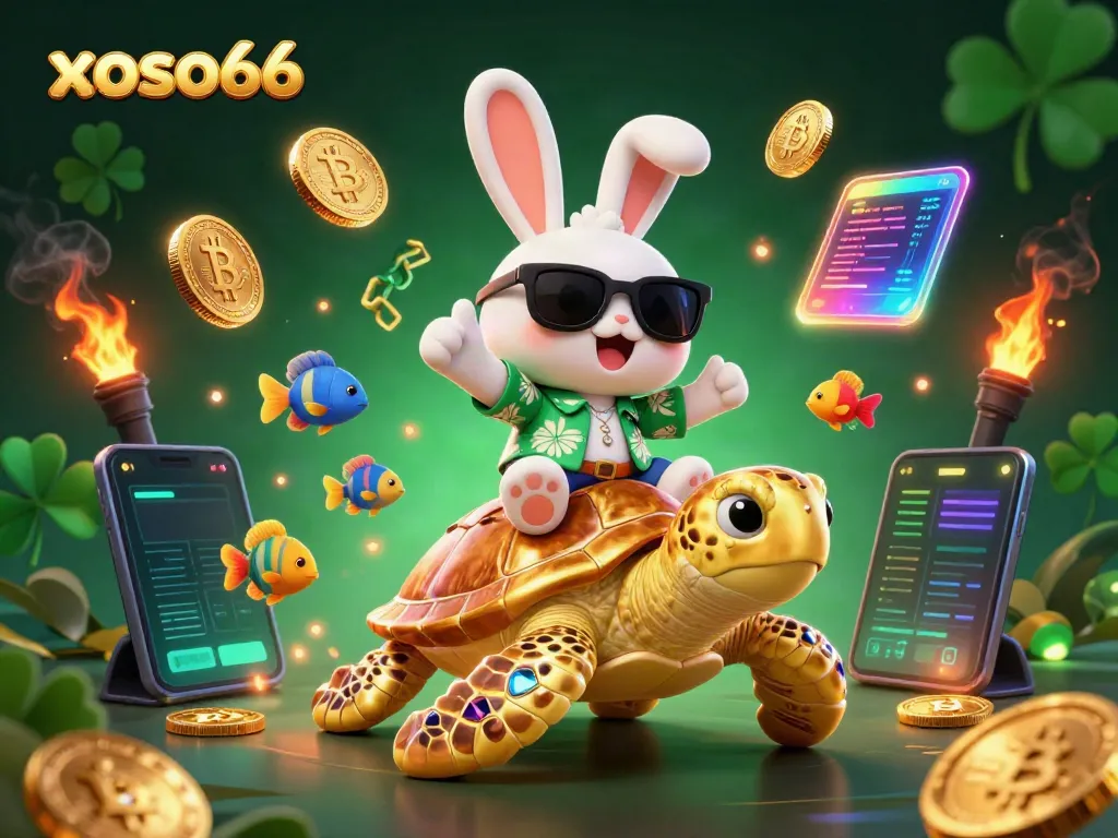 Experience the excitement of xoso66 with a vibrant illustration featuring a lucky rabbit and golden sea turtle.