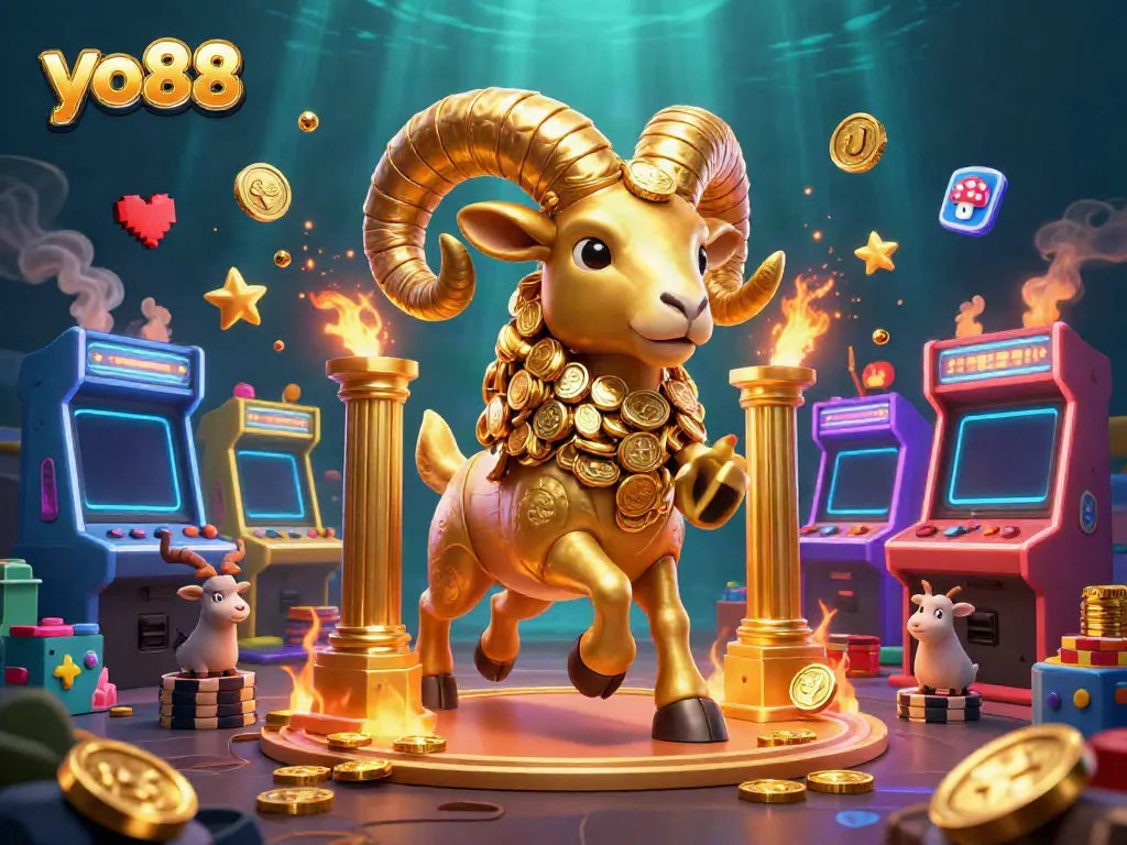 Experience the excitement of yo88 with a golden ram charging through a casino-themed digital landscape.