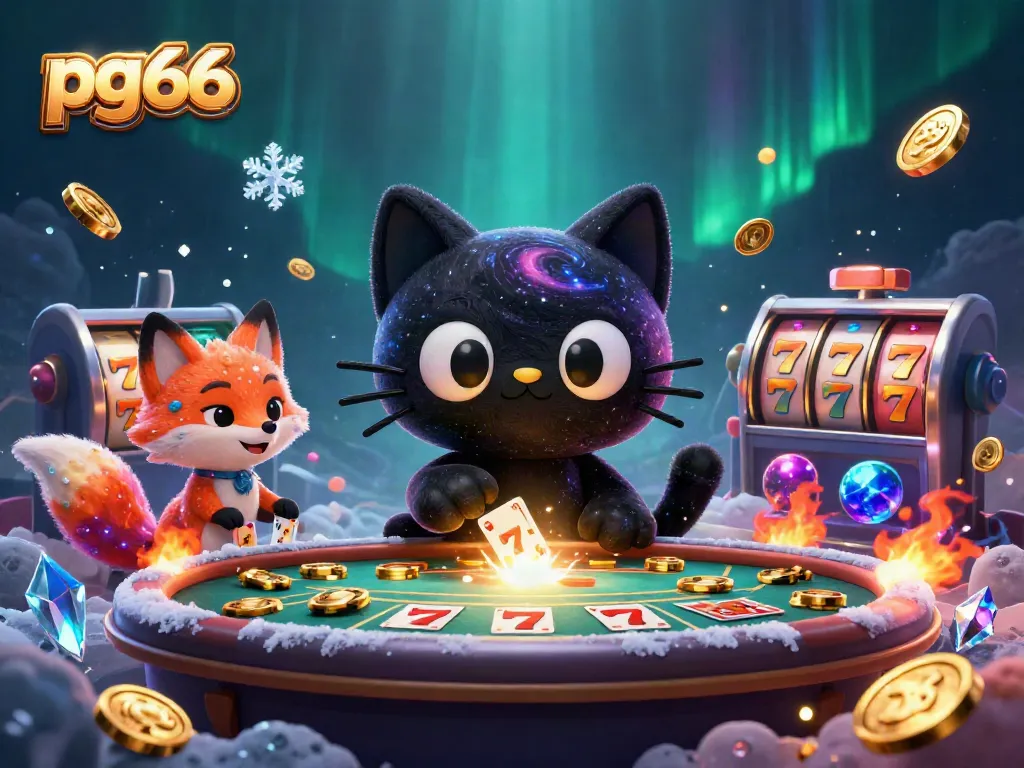 Experience thrilling wins at pg66 with a cosmic cat and colorful nebula fox in a dynamic casino scene.