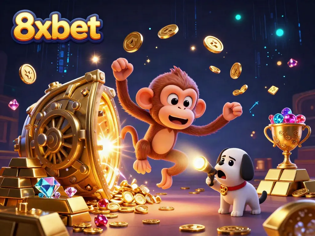 Explore the exciting world of 8xbet with our vibrant casino scene, featuring a poltergeist monkey juggling gold while a puppy tracks it.
