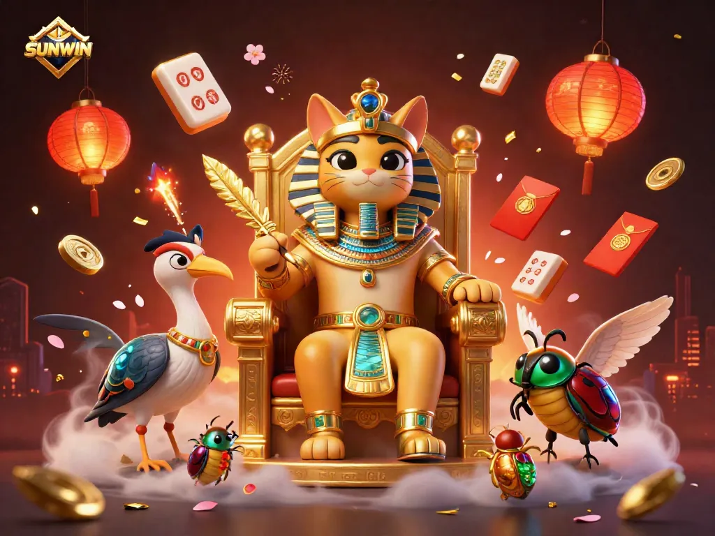 SUNWIN Pharaoh Cat throne surrounded by vibrant casino game elements and glowing lanterns