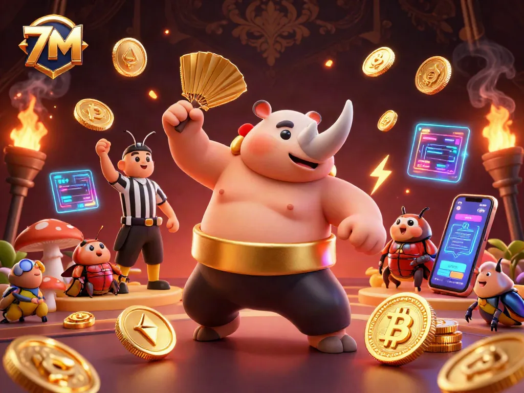 Experience thrilling action with 7M as the beastly champion stomps golden coins in a vibrant casino scene.