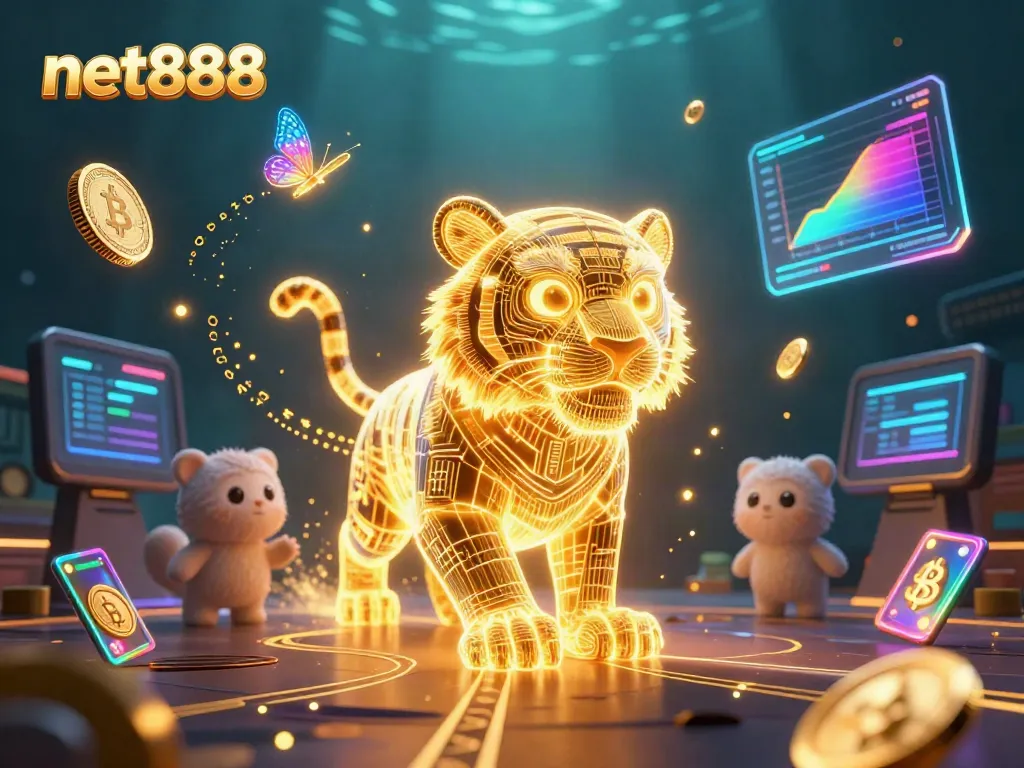 Engage in exciting games at net888 with vibrant 3D tiger and crypto elements in a digital casino.