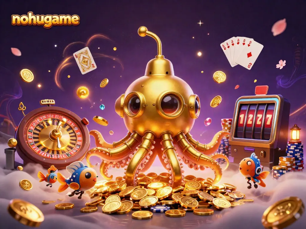 Experience thrilling gaming action with nohugame's vibrant 3D casino scene filled with golden coins and lively characters.