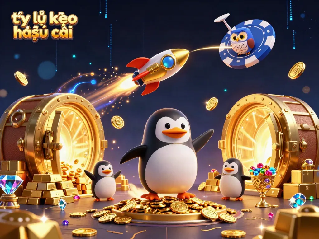 Engage with tỷ lệ kèo nhà cái in a vibrant casino-themed digital scene featuring a rocket-powered penguin.