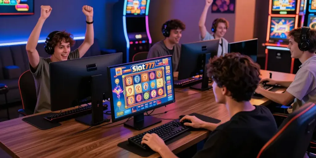 Engaged players exploring jerukbet's Slot777 games in an energetic gaming lounge.