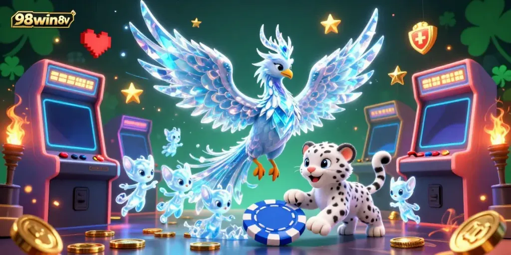 Engage with 98win8v through vibrant gaming interactions showcasing a magical phoenix, adding excitement to your betting journey.