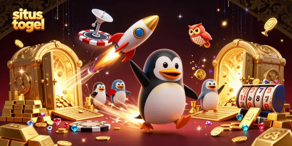 Situs togel scene featuring a golden penguin and casino elements set in an exciting space adventure