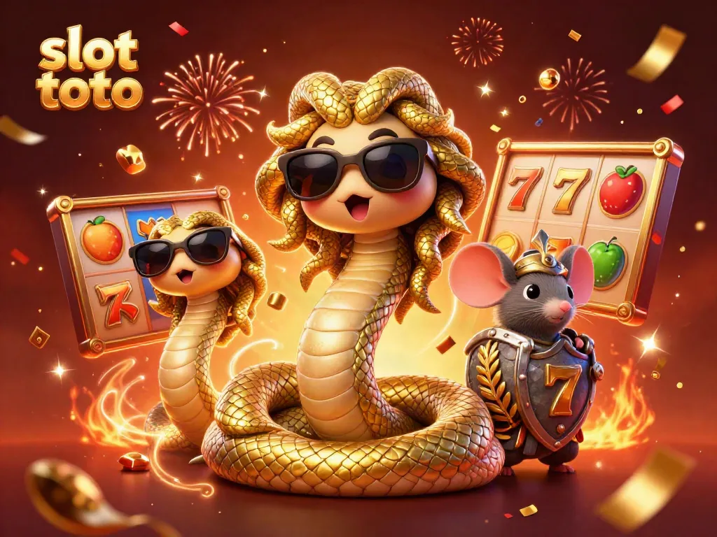 Memenangkan slot toto dengan karakter Medusa dan mouse pejuang saat merayakan kemenangan dalam suasana penuh energi.