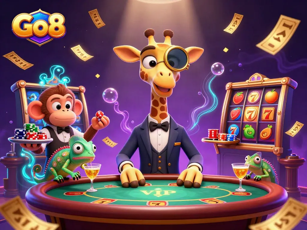 Go8 offers vibrant slot action with a high-roller giraffe, monkey valet, and chameleon bartender.