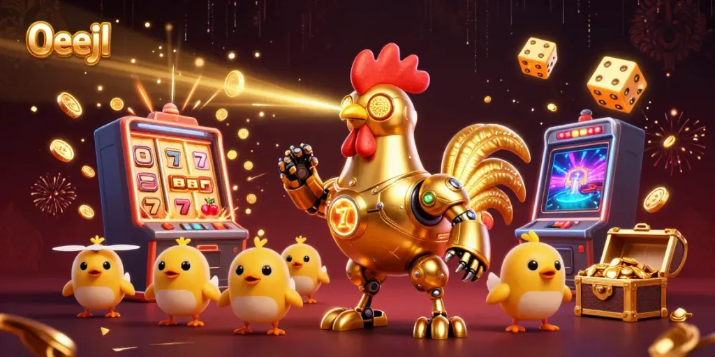 Engage with the thrilling 0eejl casino scene featuring a golden rooster robot and gambling elements.