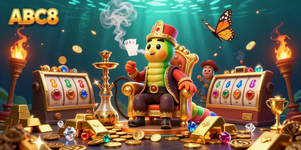 Engage with ABC8’s dynamic casino world featuring a caterpillar hookah-master in a vibrant 3D illustration.