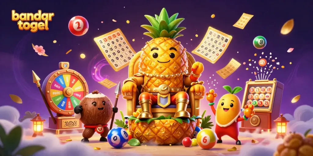 Permainan bandar togel di kasino pantai dengan raja nanas emas dan elemen lotre dinamis.