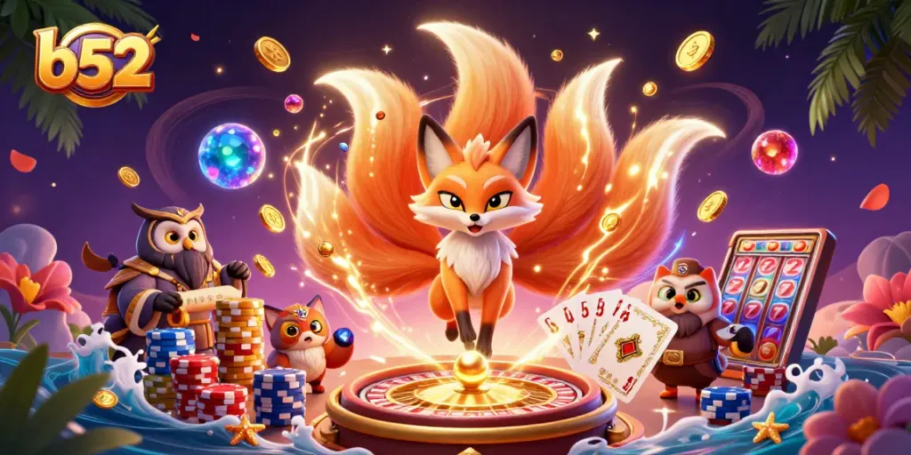 Engage in b52 gaming magic with 3D cartoon characters amidst vibrant casino elements.