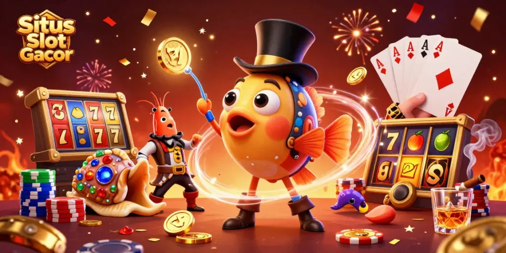 Situs Slot Gacor menarik koin emas dengan makhluk laut dan simbol kasino yang mendebarkan.