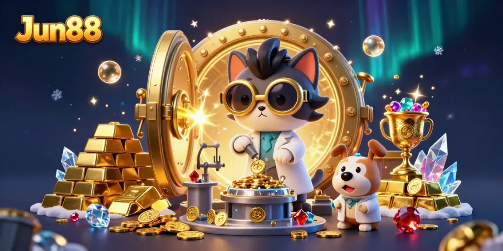 Experience the thrilling world of Jun88 with a captivating 3D scene showcasing a mad scientist and dog amidst wealth.