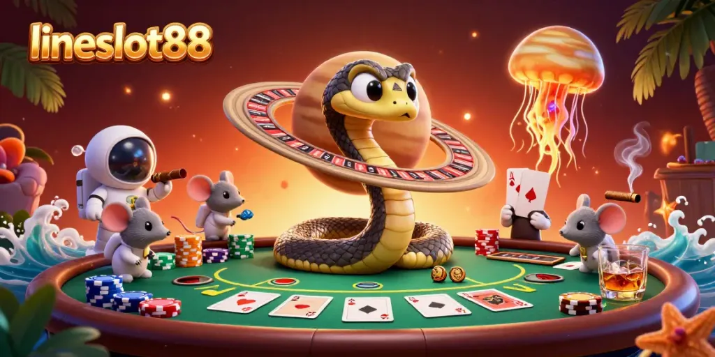 Experience the thrill of lineslot88 with animated creatures in a vibrant casino scene.