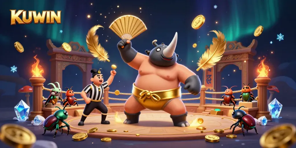 Experience the excitement of KUWIN as golden coins fly in a vibrant 3D casino scene featuring a beetle sumo champion.