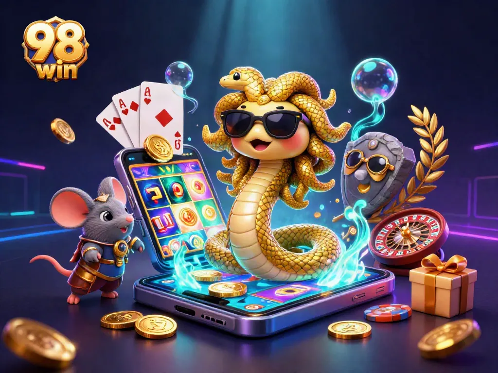 Spin your way to riches with 98 win amidst golden coins and vibrant casino elements.