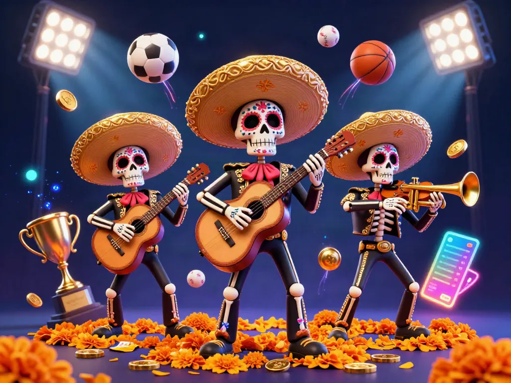 Experience unique gaming themes at 88vbet with vibrant 3D illustrations of a mariachi band and sports elements.
