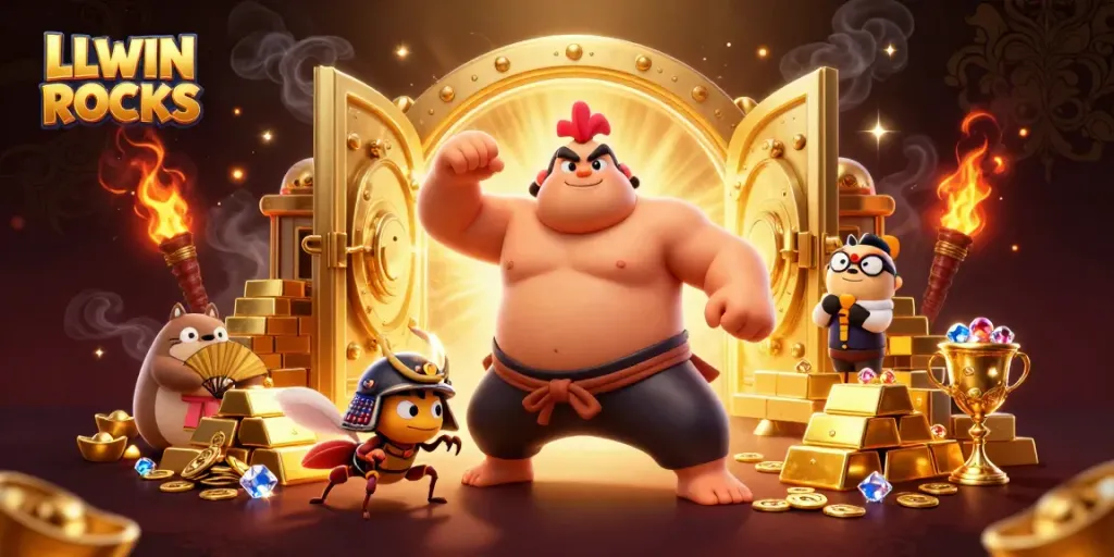 Experience the excitement of LLWIN ROCKS in a dynamic casino scene with vibrant characters and treasures.