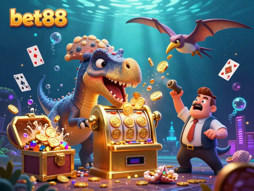 Experience the thrill of bet88 with a cartoon dinosaur activating a jackpot, surrounded by gold and gems.