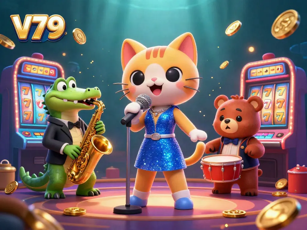 Engage with V79's vibrant casino scene featuring a jazz-singer cat, saxophone-playing crocodile, and drum-playing bear for an entertainment experience.